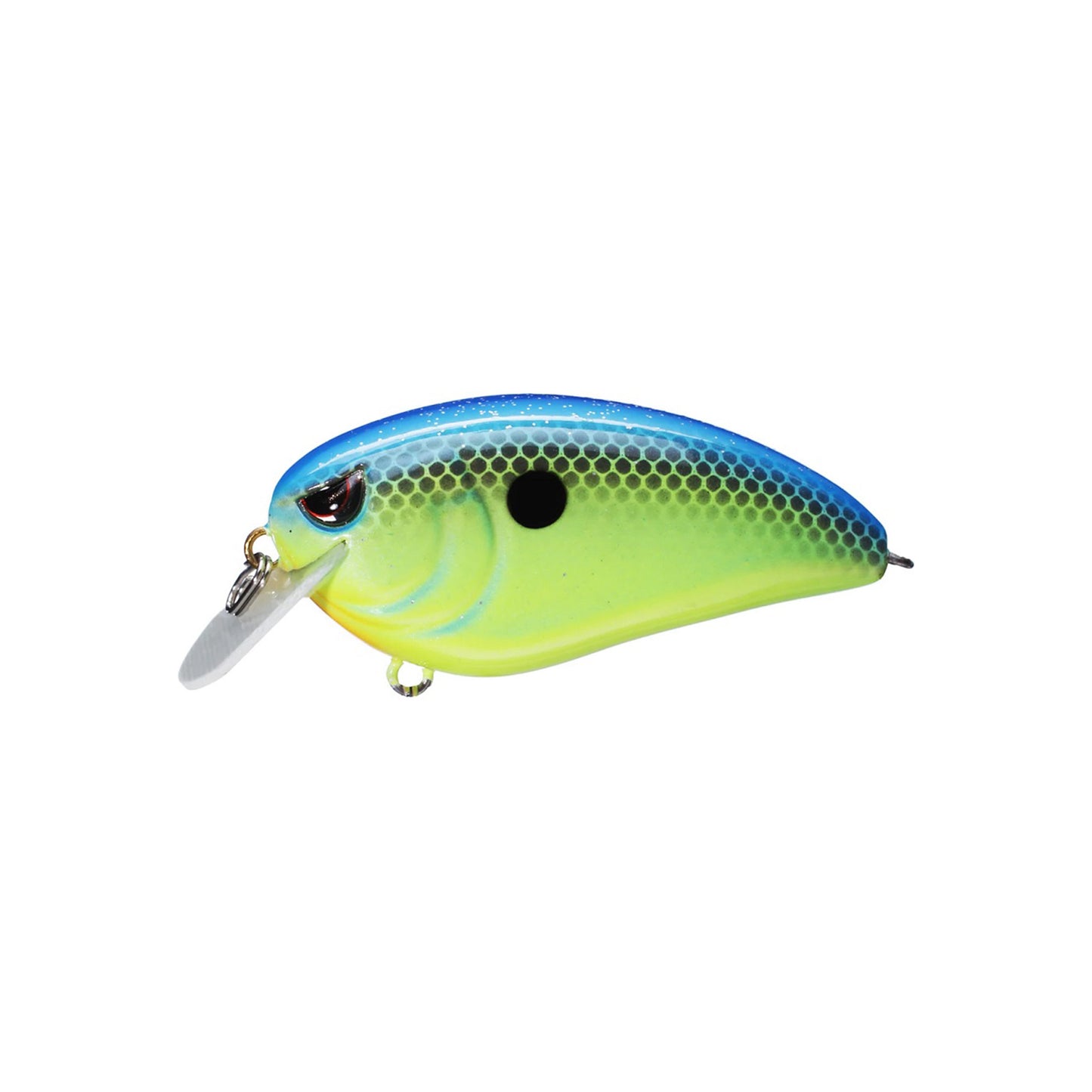 The SPRO Fat John 60 Crankbait is a brightly colored lure with a blue top, green-yellow body, black spot, and red-accented eye. It features a clear lip, Gamakatsu treble hooks, and metal attachments against a white background.