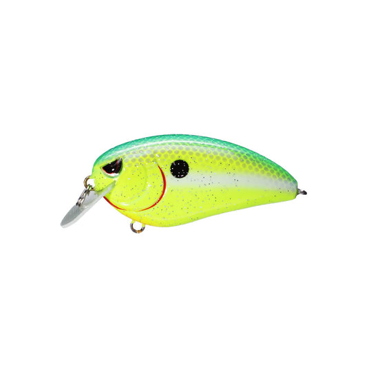 A SPRO Fat John 60 Crankbait fishing lure by SPRO, featuring bright yellow and green colors, a black dot, red curved line near the eye, and a clear plastic lip, shown isolated on a white background.