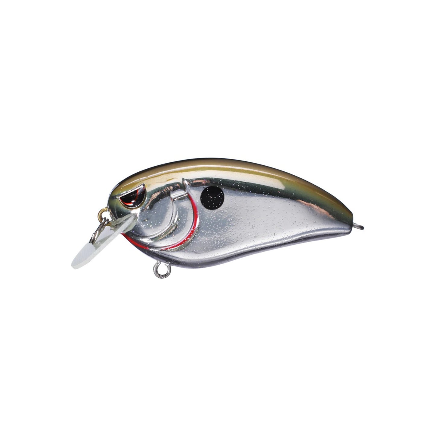 The SPRO Fat John 60 Crankbait features a metallic, curved silver and gold body with a black dot, Gamakatsu treble hooks, and a clear plastic lip for shallow diving.