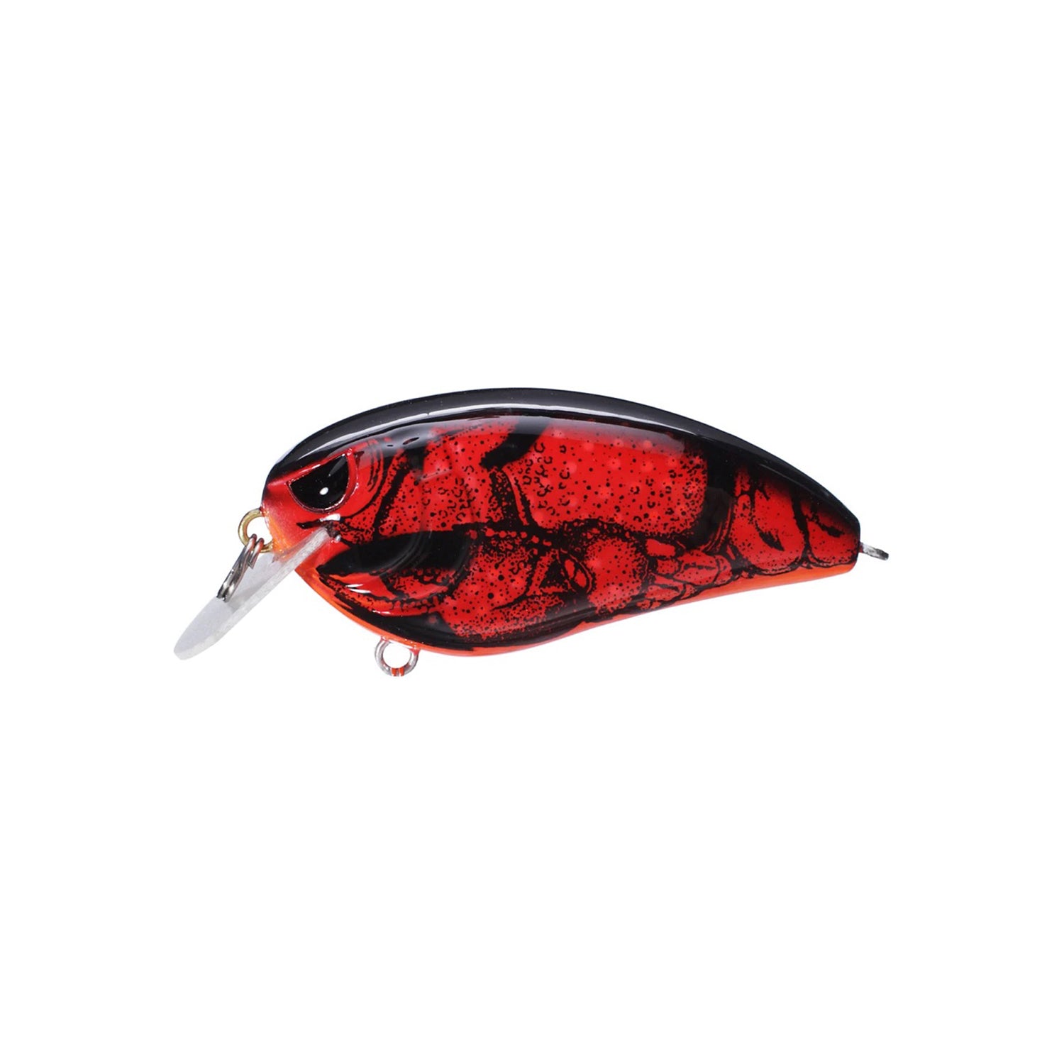 The SPRO Fat John 60 Crankbait by SPRO is a red and black shallow-diving lure with a curved body, clear plastic lip, and metal loops for line and hooks, shown on a white background.