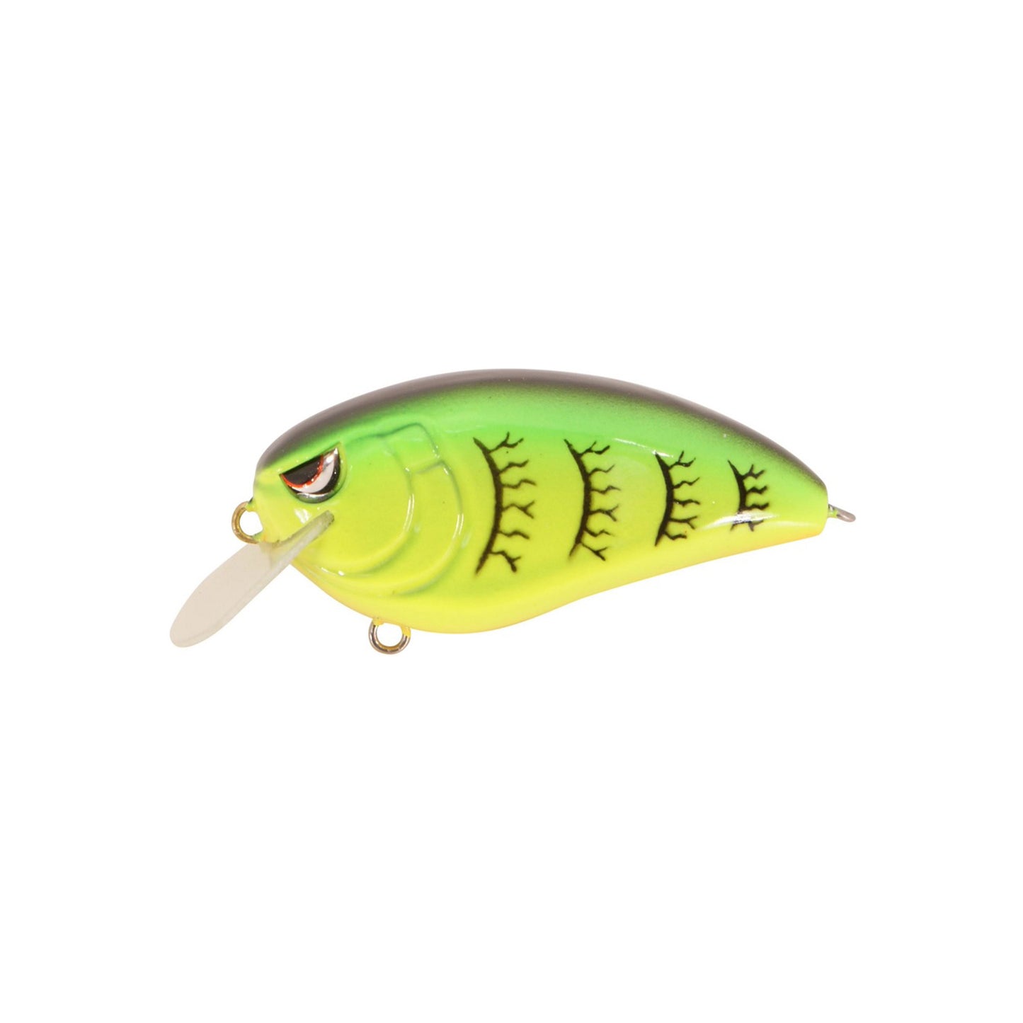 The SPRO Fat John 60 Crankbait is a small, fish-shaped lure with green-yellow gradients, black stripes, a red eye, Gamakatsu treble hooks, and a translucent plastic lip for diving.