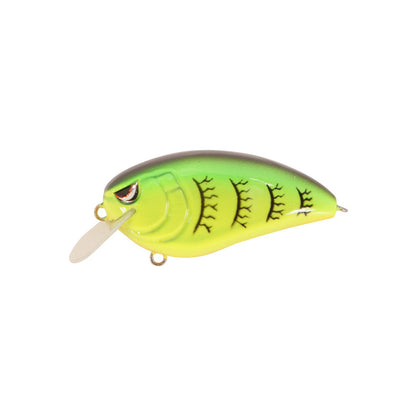 The SPRO Fat John 60 Crankbait is a small, fish-shaped lure with green-yellow gradients, black stripes, a red eye, Gamakatsu treble hooks, and a translucent plastic lip for diving.