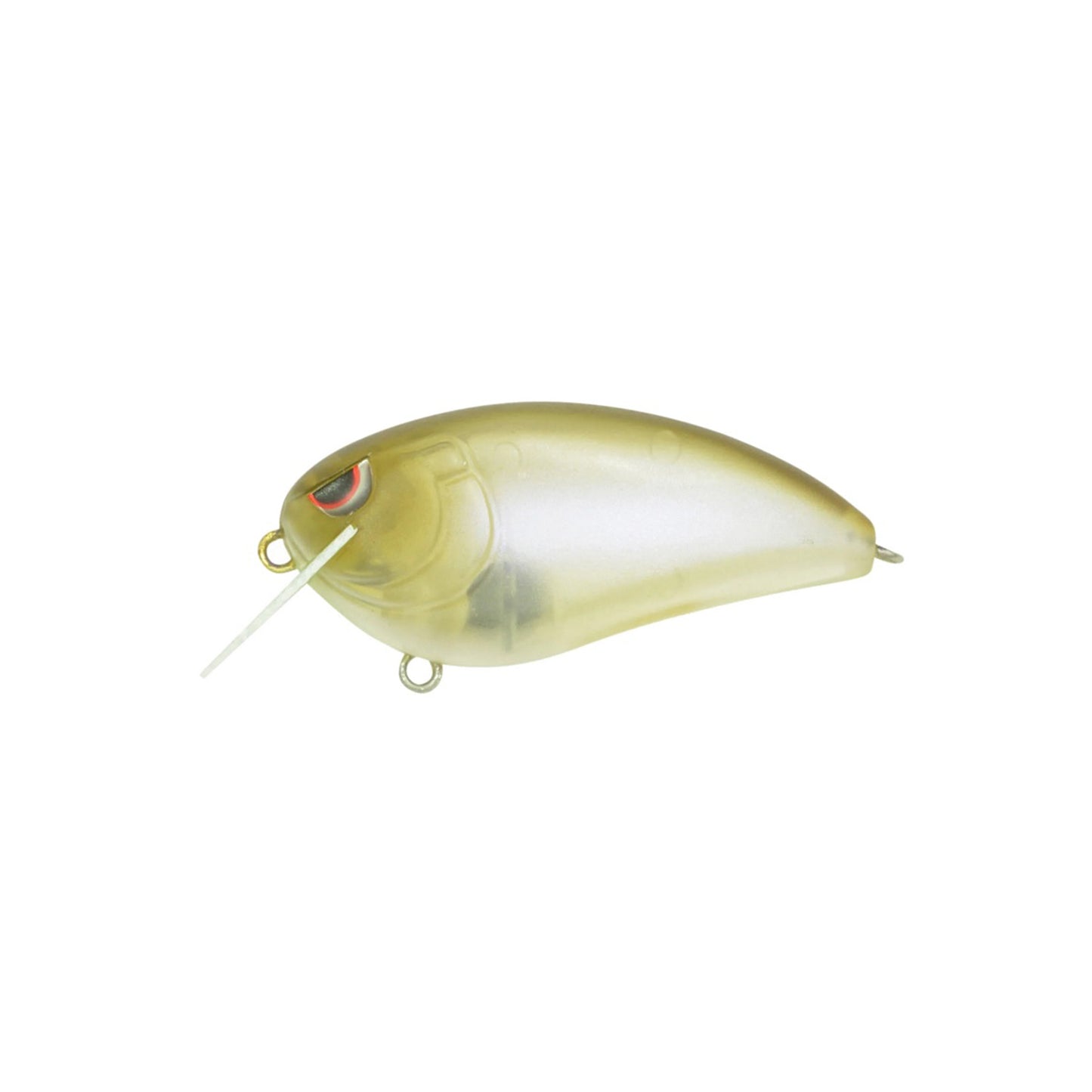 The SPRO Fat John 60 Crankbait is a translucent light brown lure with red and black eye markings, a short front plastic lip, and two metal rings for attaching line or Gamakatsu treble hooks, shown on a white background.