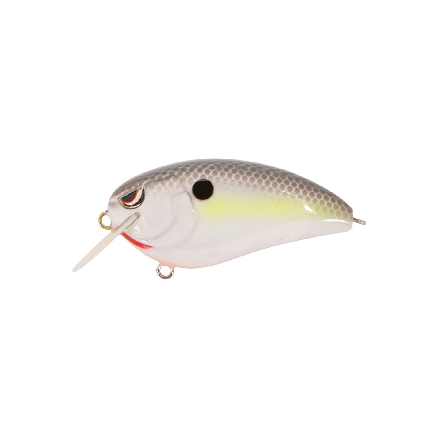The SPRO Fat John 60 Crankbait features a lifelike fish shape, silver-white body with yellow stripe, black head spot, red mouth accents, Gamakatsu treble hooks for secure catches, and a clear plastic lip for smooth shallow dives.