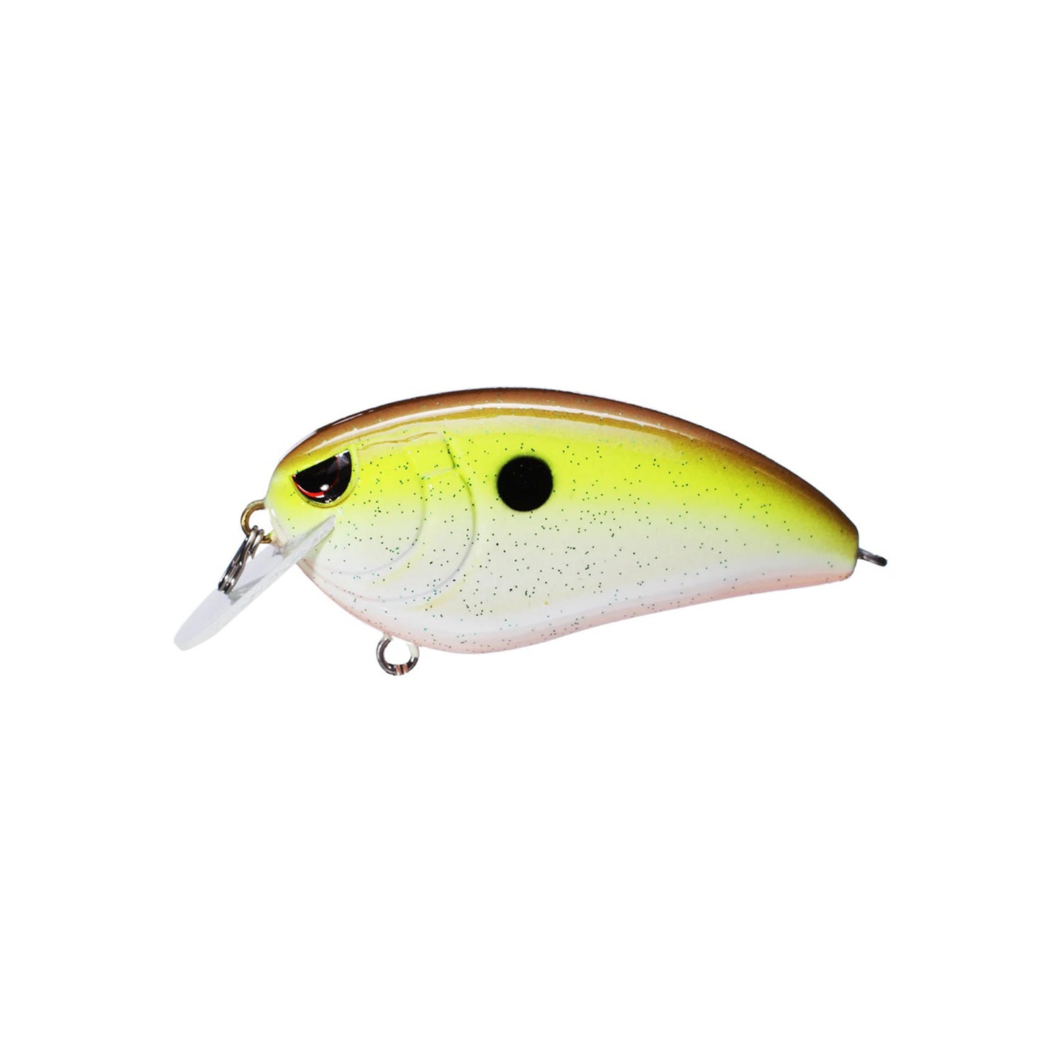 The SPRO Fat John 60 Crankbait features a yellow and green body with a central black spot, translucent diving lip, front silver hook attachment, and is shown on a white background.