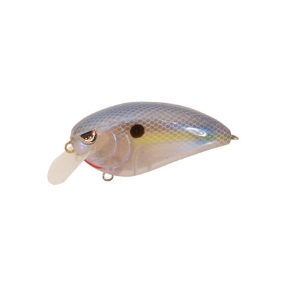 A close-up of the SPRO Fat John 60 Crankbait shows its fish-like shape, light blue and silver body, black spot, orange eye, clear plastic lip, and premium Gamakatsu treble hooks.