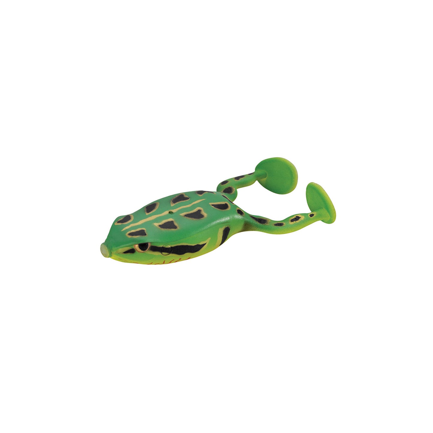 The SPRO Flappin Frog 65 is a green rubber frog toy with black spots and suction cups on its back legs, shown on a plain white background—ideal for play or as inspiration for a topwater frog fishing lure.