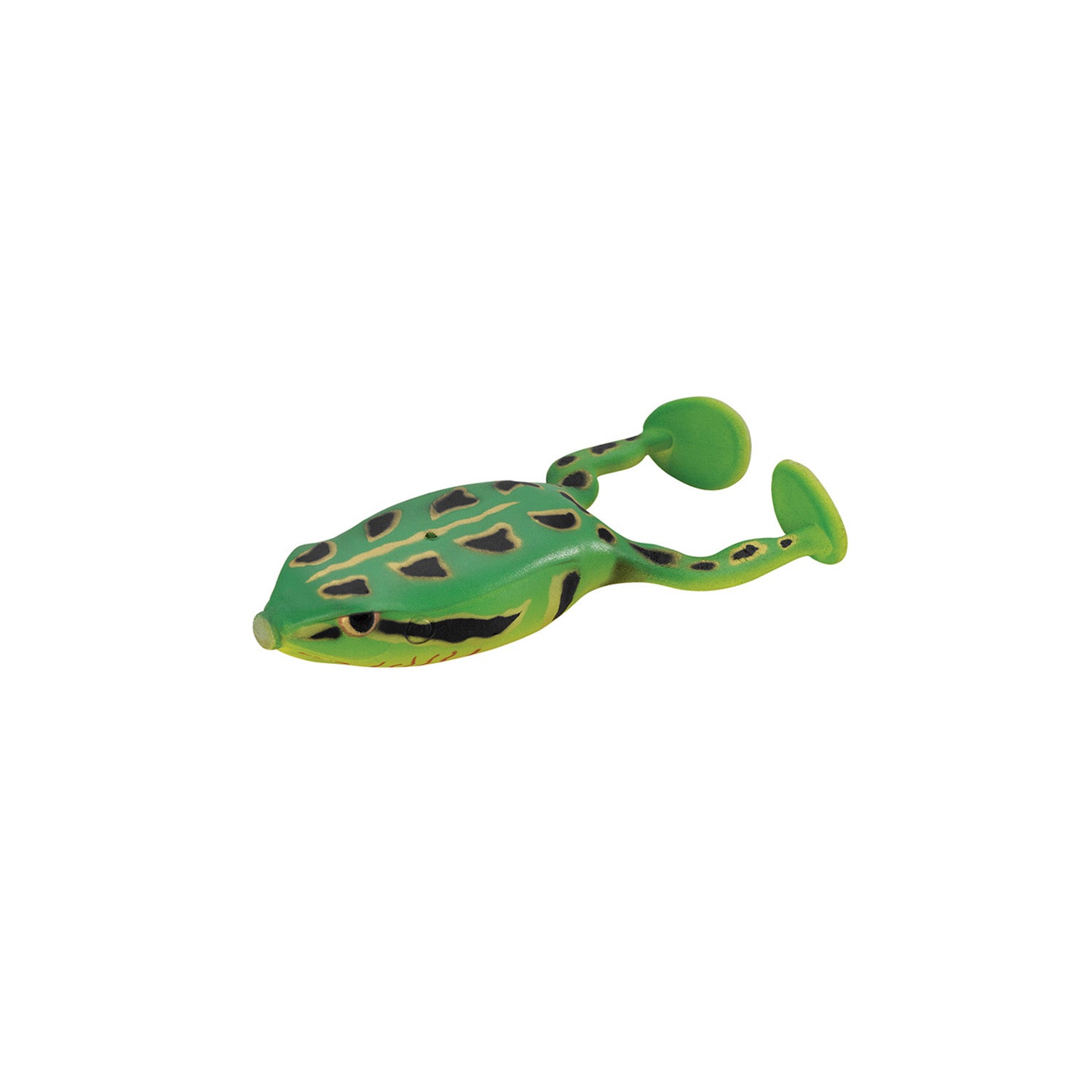 The SPRO Flappin Frog 65 is a green rubber frog toy with black spots and suction cups on its back legs, shown on a plain white background—ideal for play or as inspiration for a topwater frog fishing lure.