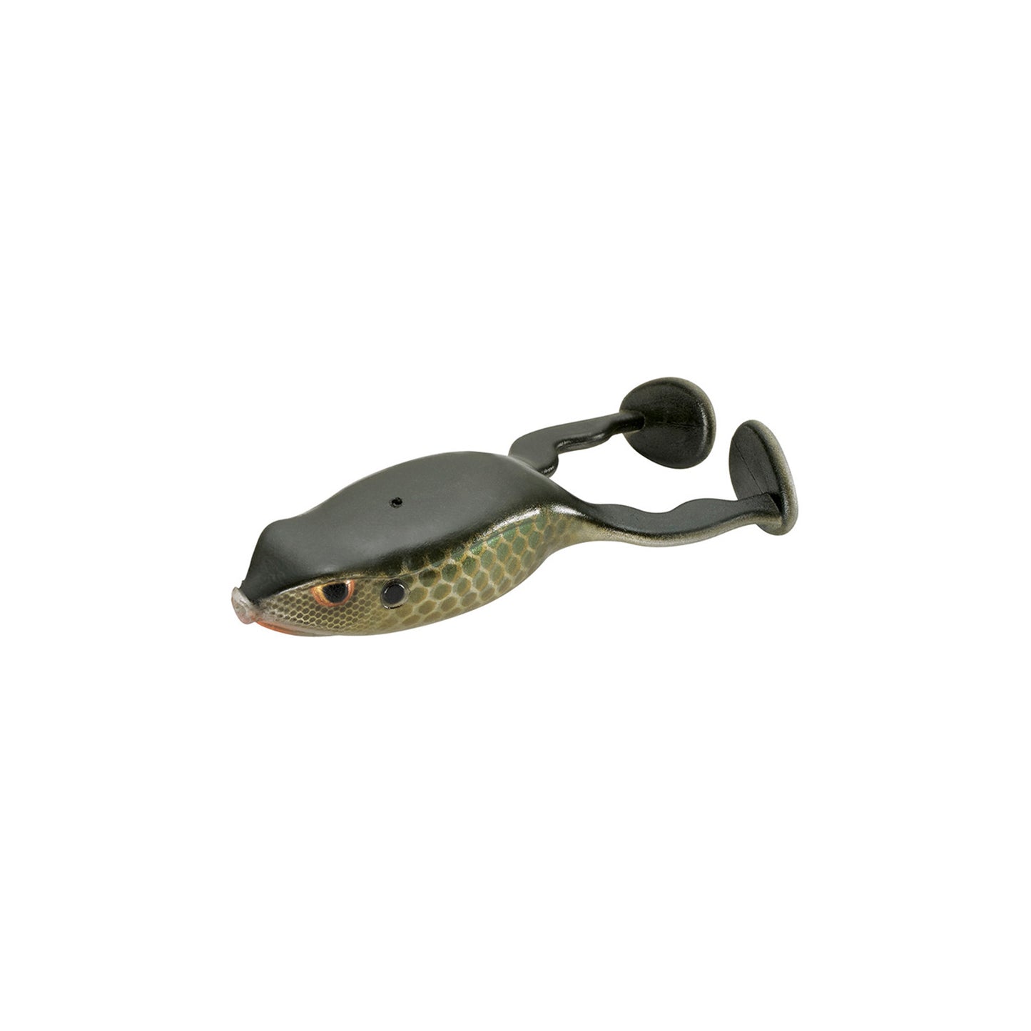 The SPRO Flappin Frog 65 is a green and black topwater soft plastic lure with orange eyes, paddle-like legs, and a weedless hook, designed to mimic a frog’s movement for snag-free fishing.