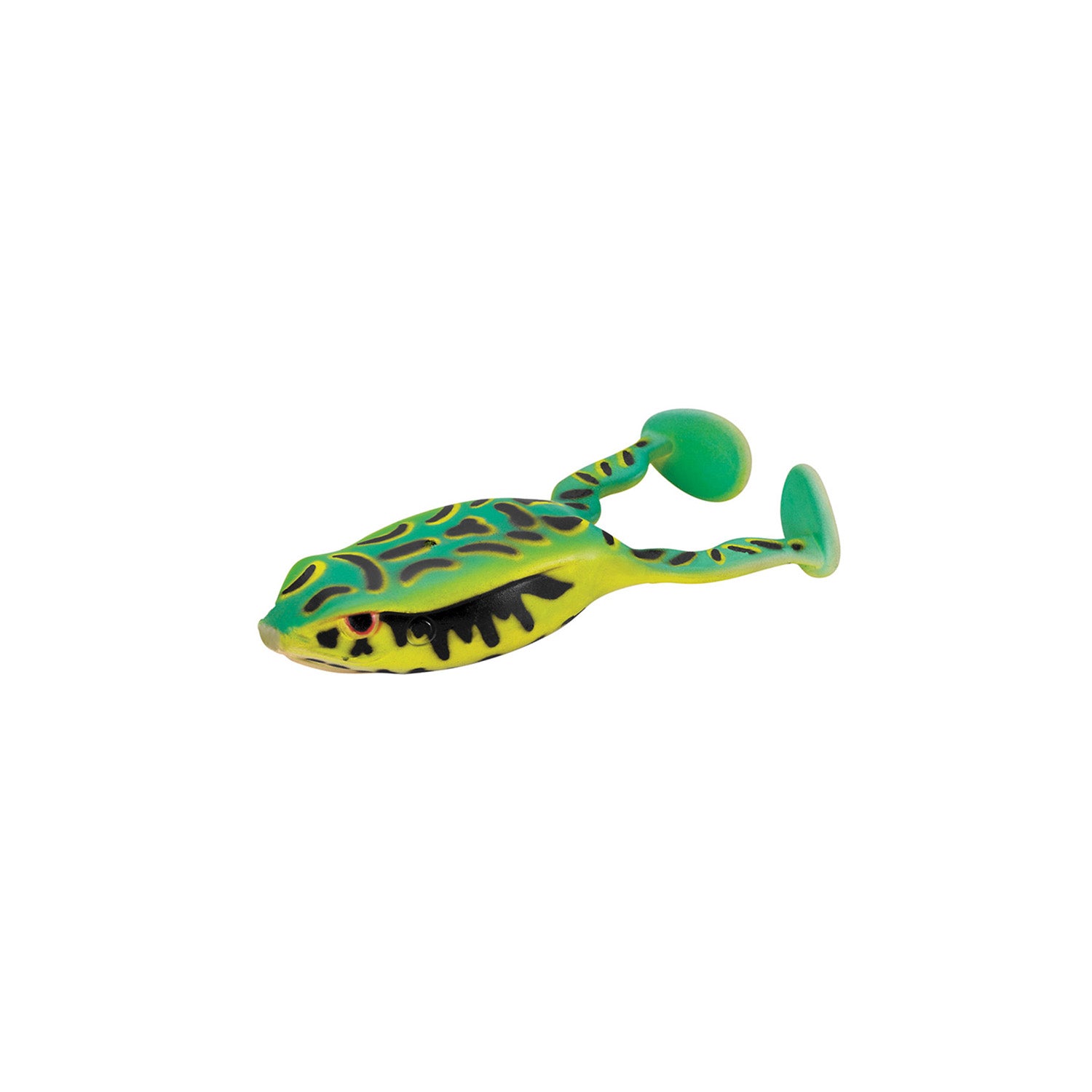 The SPRO Flappin Frog 65 is a green and yellow fishing lure with black markings, two paddle-like legs, and a weedless frog hook, shown on a white background.