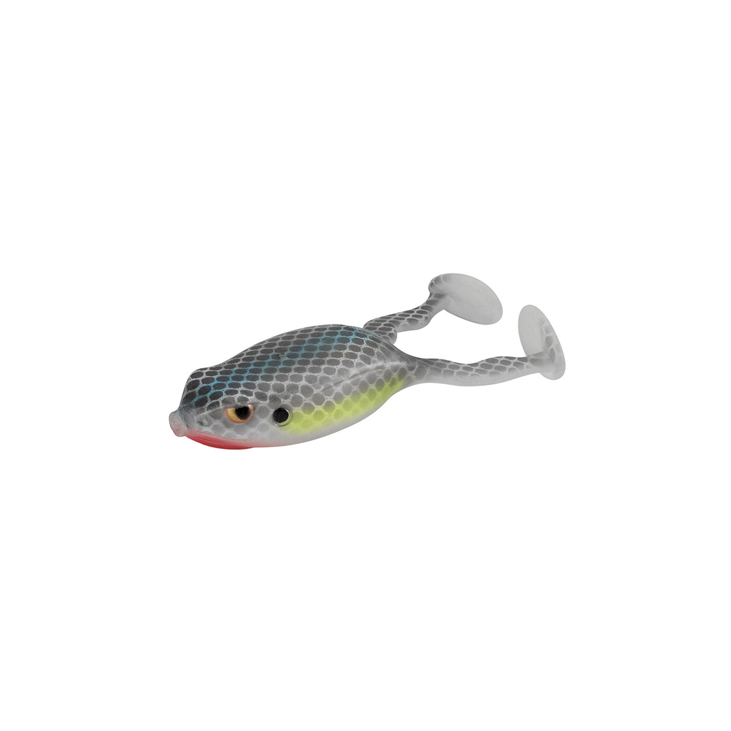 The SPRO Flappin Frog 65 is a soft plastic topwater fishing lure shaped like a frog with a gray and white scaly pattern, red under the mouth, yellow-tinted belly, and paddle-shaped feet.
