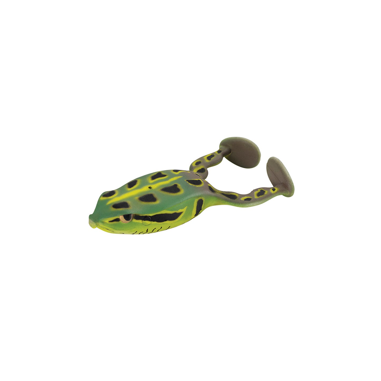 A SPRO Flappin Frog 65 topwater lure by SPRO, featuring a green and yellow body with black spots, two brown paddle legs, and a weedless frog hook, shown isolated on a white background.