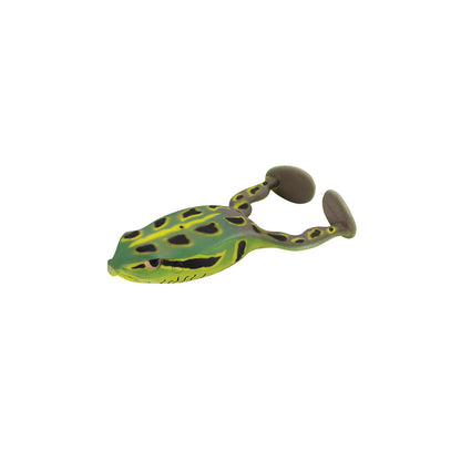 A SPRO Flappin Frog 65 topwater lure by SPRO, featuring a green and yellow body with black spots, two brown paddle legs, and a weedless frog hook, shown isolated on a white background.