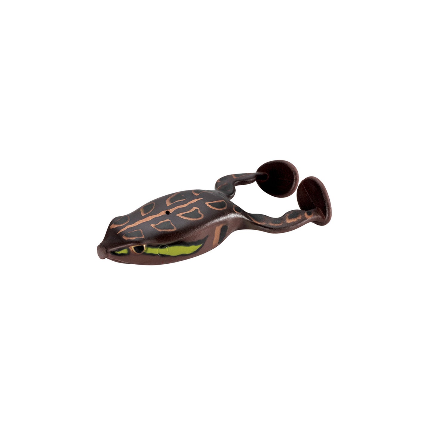 The SPRO Flappin Frog 65 is a brown and green topwater lure with two curled tail appendages, designed to look like a frog and attract fish. It features a weedless frog hook and is shown on a white background.