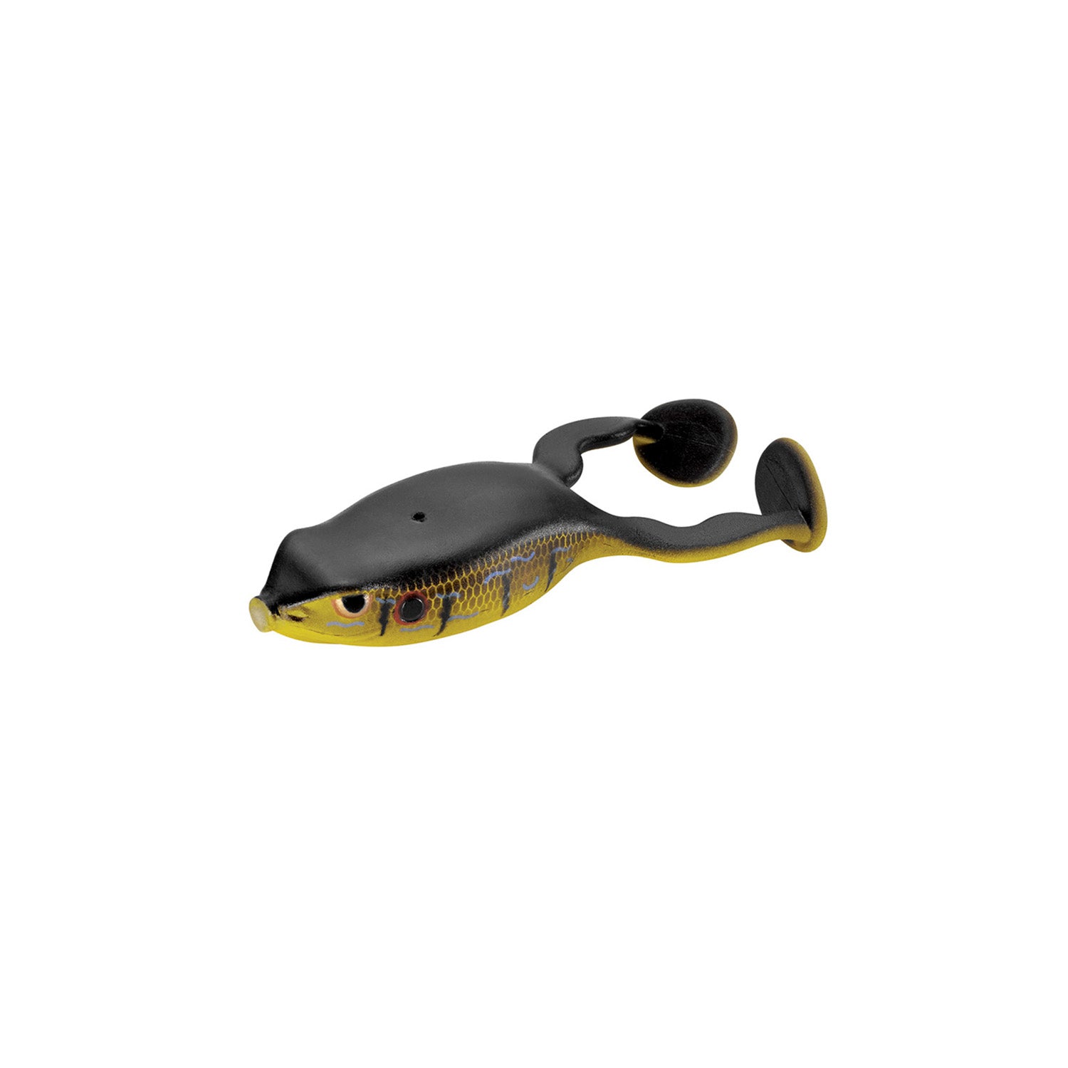 The SPRO Flappin Frog 65 is a realistic black and yellow fishing lure featuring detailed eyes, a curled tail, and a weedless frog hook, shown on a white background.