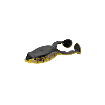The SPRO Flappin Frog 65 is a realistic black and yellow fishing lure featuring detailed eyes, a curled tail, and a weedless frog hook, shown on a white background.
