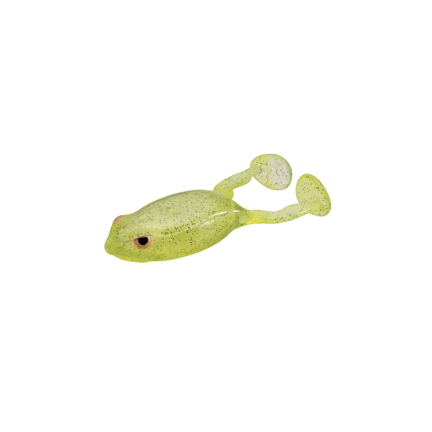 A translucent yellow-green SPRO Flappin Frog 65 topwater lure with black speckles, red eyes, and a weedless hook is displayed on a plain white background.