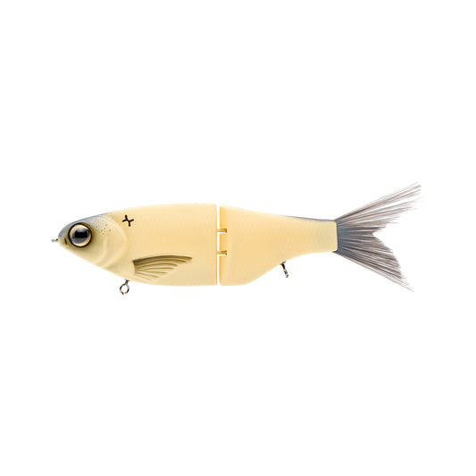 The SPRO KGB Chad Shad 180 Swimbait is a beige, jointed, fish-shaped lure with a realistic eye, painted gill, gray flexible tail, hooks beneath, and a small “X” near the head—ideal for mimicking real prey.