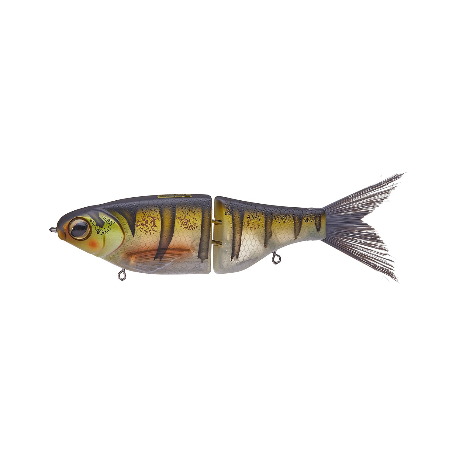 The SPRO KGB Chad Shad 180 Swimbait features a lifelike, jointed fish design with a green and yellow body, dark stripes, a large eye, and a segmented tail for realistic swimming action in the water.