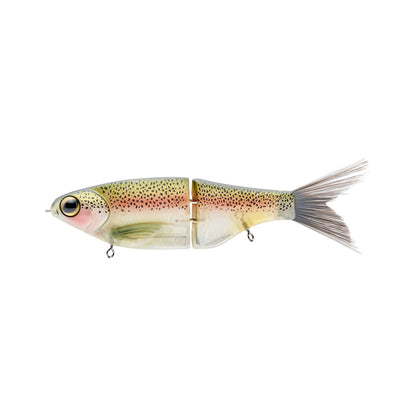 The SPRO KGB Chad Shad 180 Swimbait is a realistic, jointed lure with a green, pink, and white body featuring black spots, a large eye, and a lifelike tail to mimic small fish.