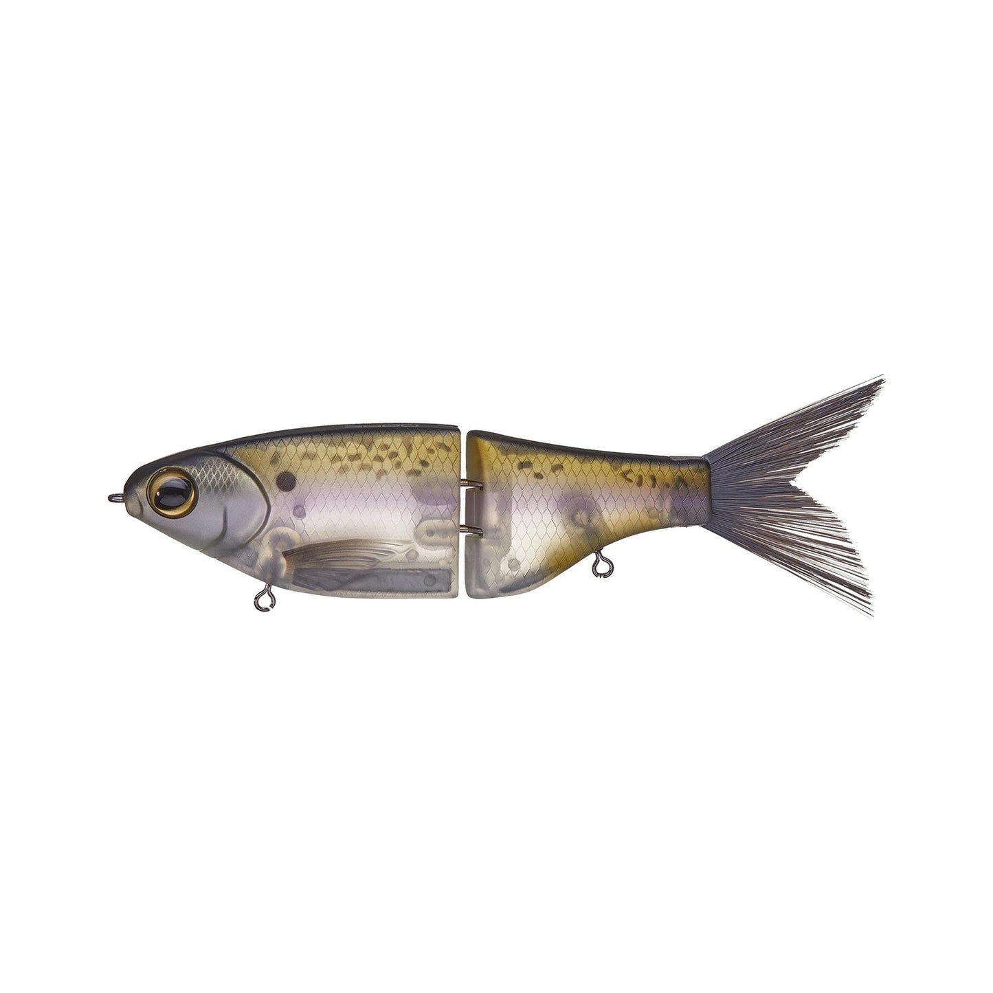 The SPRO KGB Chad Shad 180 Swimbait features a gray-silver body with yellow accents and a jointed, movable tail for realistic swimming action, closely mimicking the look and movement of real fish.