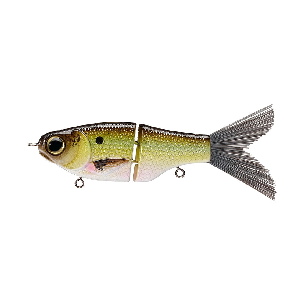 The SPRO KGB Lil Guy 120 is a realistic swimbait with a jointed body, gold and silver scales, lifelike eyes, and a flexible tail fin that perfectly mimics small fish.