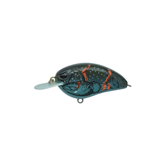A close-up of the SPRO Little John 50 Crankbait, shaped like a small fish with a dark green body, red-orange markings, black spots, Gamakatsu treble hooks, and a clear plastic lip for diving.