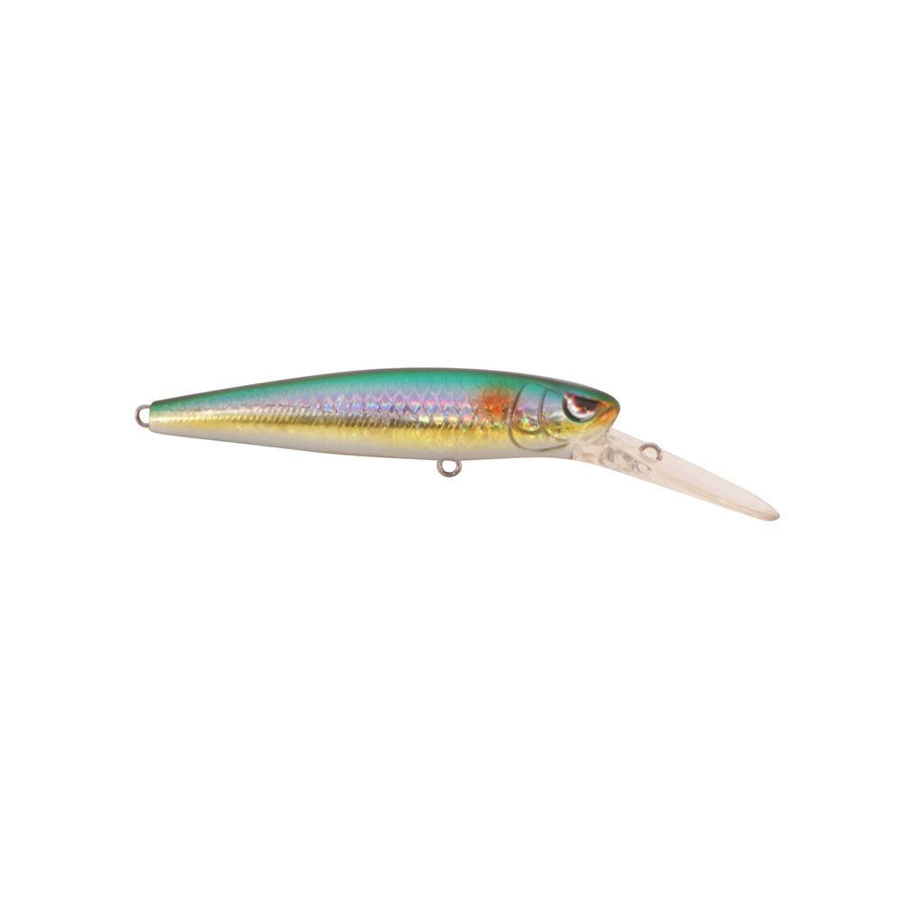 The SPRO McRip 85 Jerkbait is a colorful, deep-diving lure with a metallic iridescent body and long clear lip, crafted to imitate a small fish.