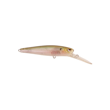 The SPRO Spro McRip 85 Jerkbait is a plastic suspending lure shaped like a small fish, with a neutral color pattern, long clear bill, Gamakatsu treble hooks, and realistic painted eyes, shown on a white background.