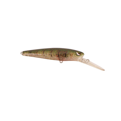 The SPRO Spro McRip 85 Jerkbait is a suspending lure shaped like a small fish, featuring a shiny green and brown patterned body, Gamakatsu treble hooks, and a clear plastic diving lip.