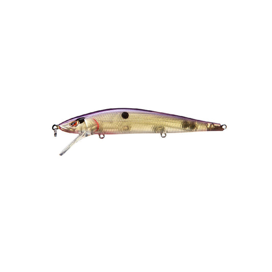 The SPRO McStick 110 Suspending Jerkbait is a lifelike, fish-shaped lure in purple and gold with a clear plastic lip, Gamakatsu treble hooks, and metal loops at the head and tail, shown against a white background.