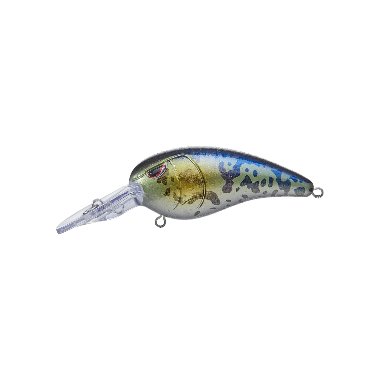 The SPRO Spro RkCrawler 50 Crankbait is a vibrant, fish-shaped lure in blue, green, and yellow with black spots and a red eye. It features a curved body, clear plastic lip, metal loop attachments, and fits Gamakatsu treble hooks.