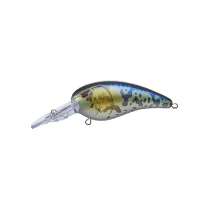 The SPRO Spro RkCrawler 50 Crankbait is a vibrant, fish-shaped lure in blue, green, and yellow with black spots and a red eye. It features a curved body, clear plastic lip, metal loop attachments, and fits Gamakatsu treble hooks.