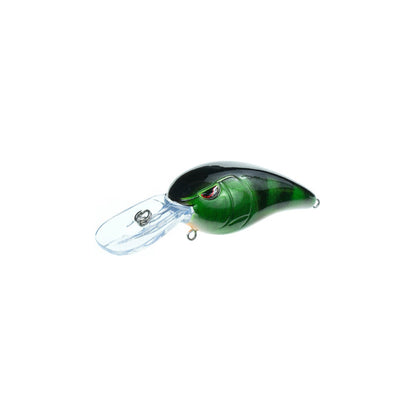 A SPRO RkCrawler 50 Crankbait in green and black, fish-shaped with red eyes, a large clear plastic lip, and sharp Gamakatsu treble hooks, is shown isolated on a white background.