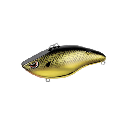 The SPRO Wameku Shad 80 Lipless Crankbait features a yellow and black fish shape with a hexagonal scale pattern, red and black eye, and two metal loops—ideal for bass fishing.