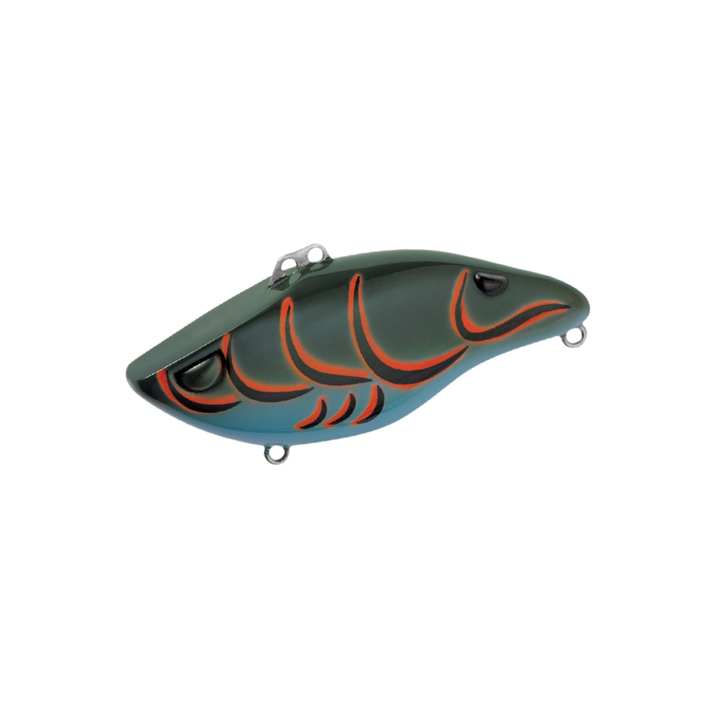 The SPRO Wameku Shad 70 Lipless Crankbait is a green and blue, fish-shaped lure with black eyes, orange wave markings, and metal loops for line and hooks—ideal for bass fishing.