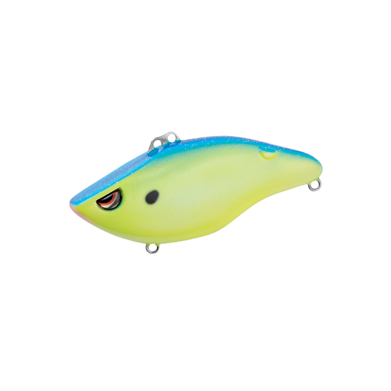 The SPRO Wameku Shad 70 Lipless Crankbait features a blue top, yellow-green sides, and red and black eyes plus top/bottom attachment loops—ideal for bass fishing.