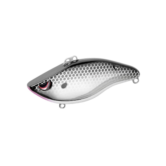 The SPRO Wameku Shad 70 Lipless Crankbait features a silver, fish-shaped design with hexagonal scales, red and black eyes, and two metal rings—perfect for bass fishing.