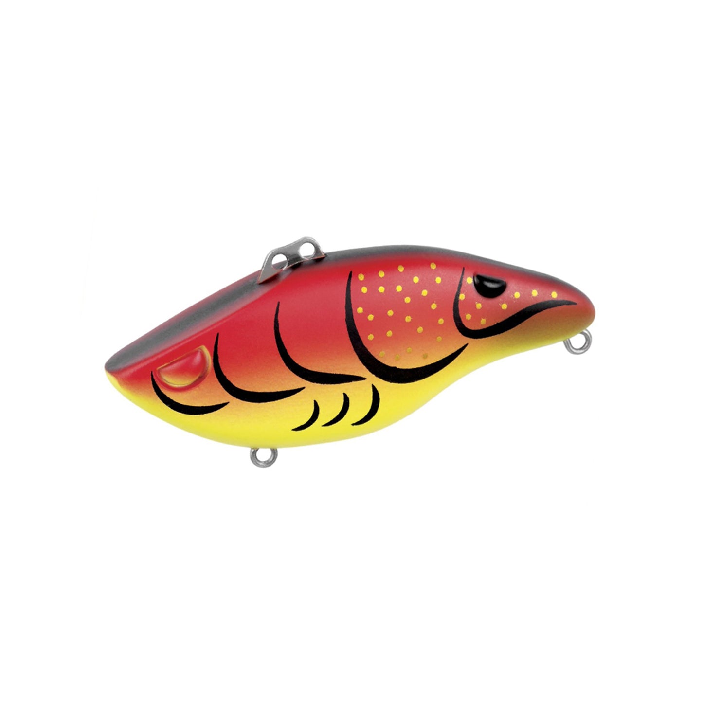The SPRO Wameku Shad 70 Lipless Crankbait is designed for bass fishing, featuring a stylized fish or shrimp shape with a red-yellow gradient body, black markings, small yellow spots, and metal loops for line and hook attachment.
