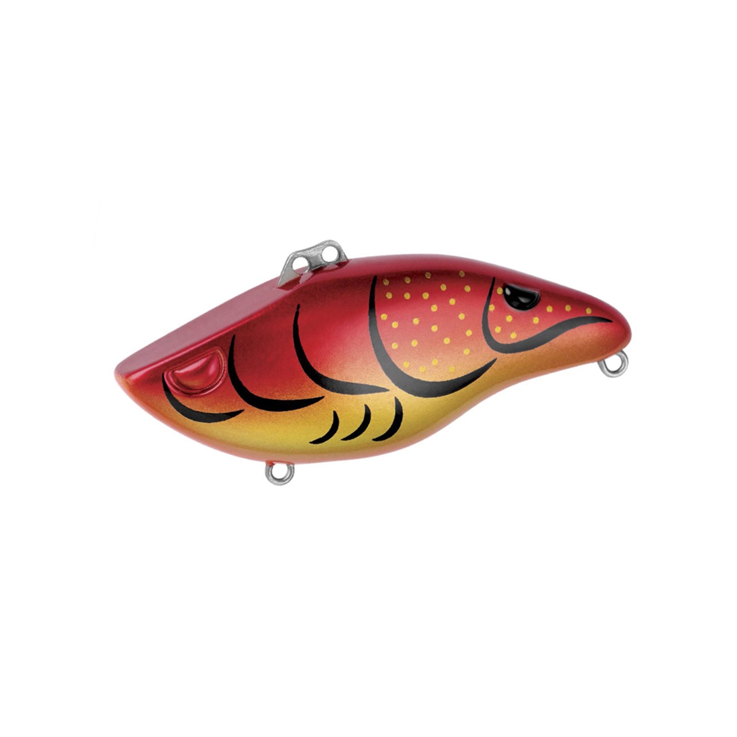 The SPRO Wameku Shad 80 Lipless Crankbait features red and yellow colors with black markings, a painted eye, and two metal loops for line and hooks—perfect for bass fishing.