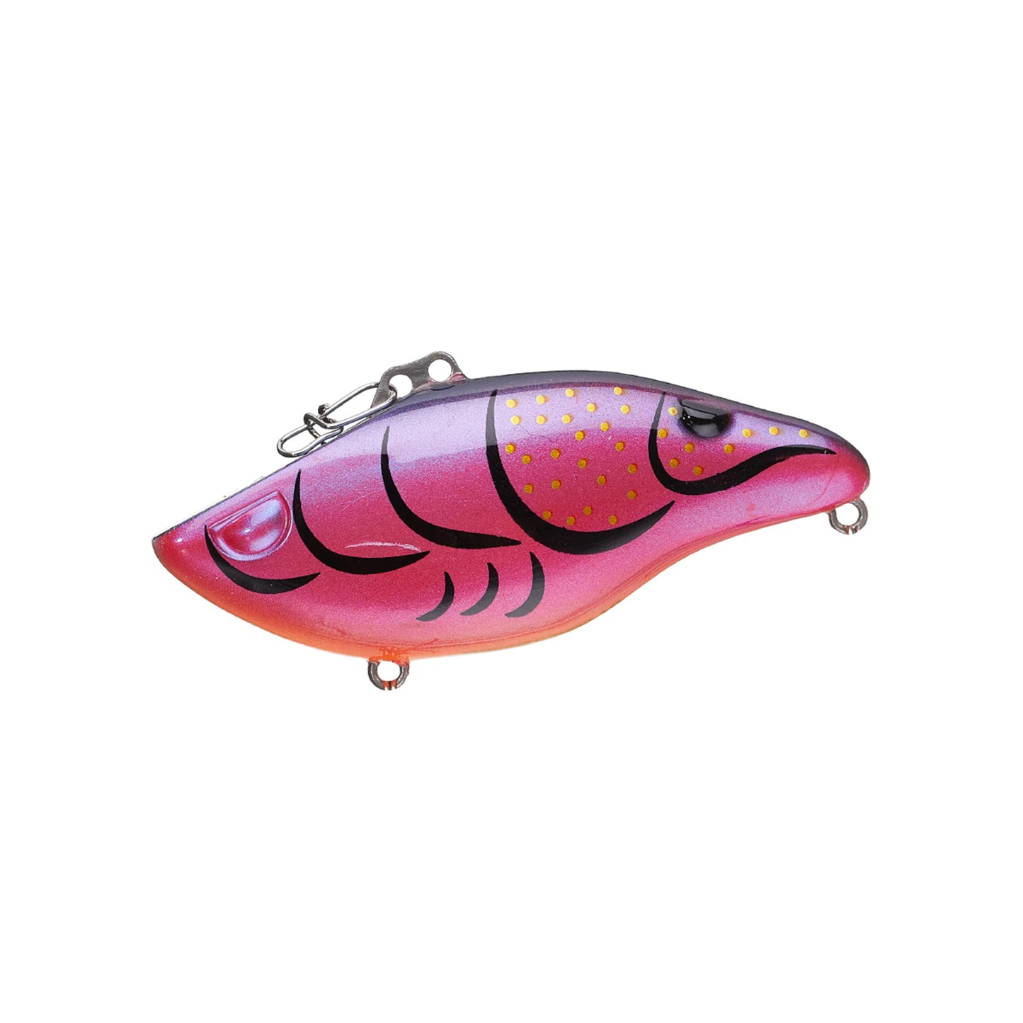 The SPRO Wameku Shad 70 Lipless Crankbait, shown in pink and purple with black markings, yellow spots, and metal attachments, is displayed on a white background. Perfect for bass fishing enthusiasts.