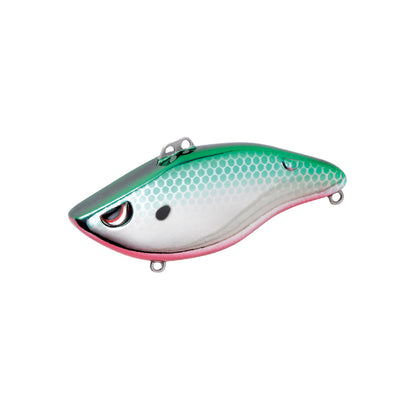 The SPRO Wameku Shad 70 Lipless Crankbait features a green and white scale top, silver sides, a black head spot, pink underside, and attachment rings—ideal for bass fishing.
