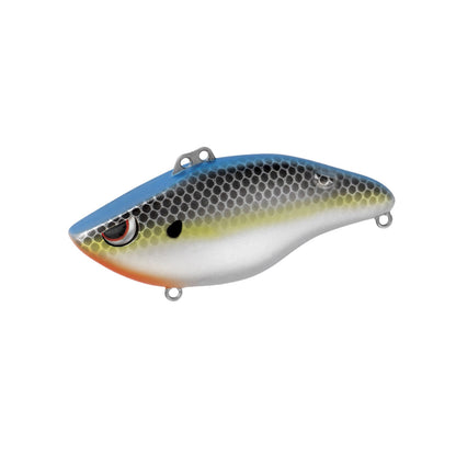 The SPRO Wameku Shad 60 Lipless Crankbait is shaped like a small fish with a blue top, green-yellow stripe, hexagonal scale pattern, large red-black eye, and silver hooks—ideal for bass fishing.