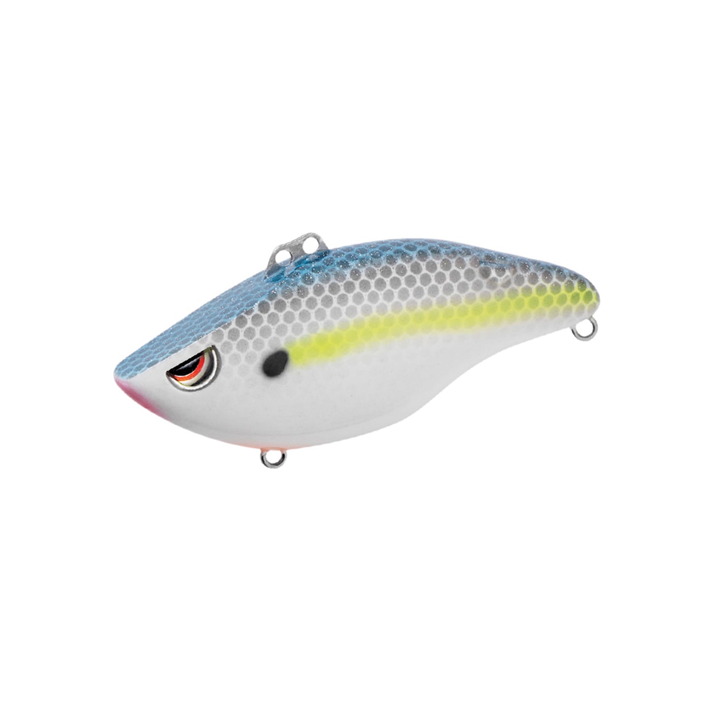 The SPRO Wameku Shad 80 Lipless Crankbait features a fish-shaped design with a blue top, gray and white body, yellow stripe, scale pattern, and lifelike eye—ideal for bass fishing with metal loops for easy hook attachment.