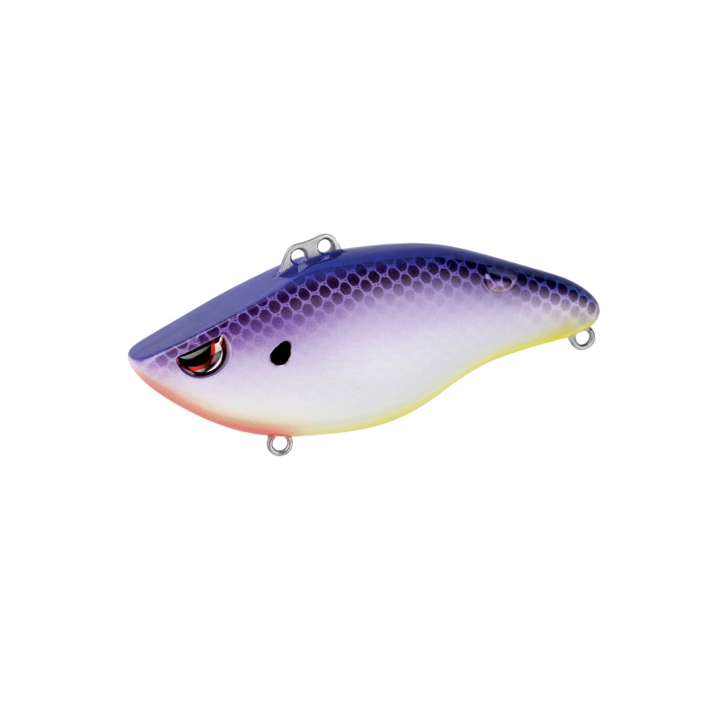 The SPRO Wameku Shad 80 Lipless Crankbait features a purple and white scale pattern, red and black eye, and metal loops on top and bottom—ideal for bass fishing—shown against a white background.