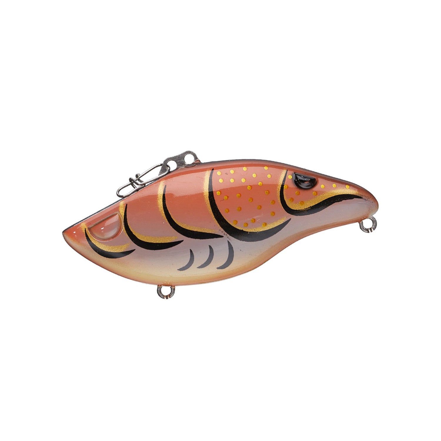 The SPRO Wameku Shad 70 Lipless Crankbait features orange, brown, black, and yellow shrimp-like details, a shiny finish, and metal top and bottom attachment points—ideal for bass fishing.