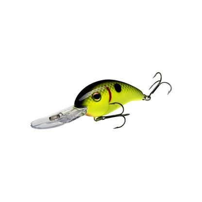 A Strike King 3XD Crankbait by Strike King, featuring yellow and green colors, black spots, a red eye accent, long clear plastic lip, and two treble hooks—ideal for bass fishing—shown on a white background.
