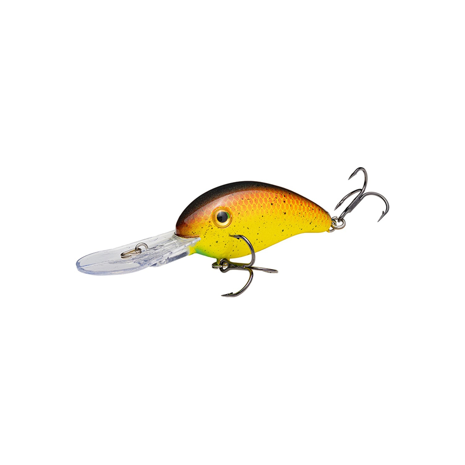 The Strike King 3XD Crankbait features a yellow-orange gradient body, black top, two treble hooks, and a large clear plastic diving lip—ideal for bass fishing.