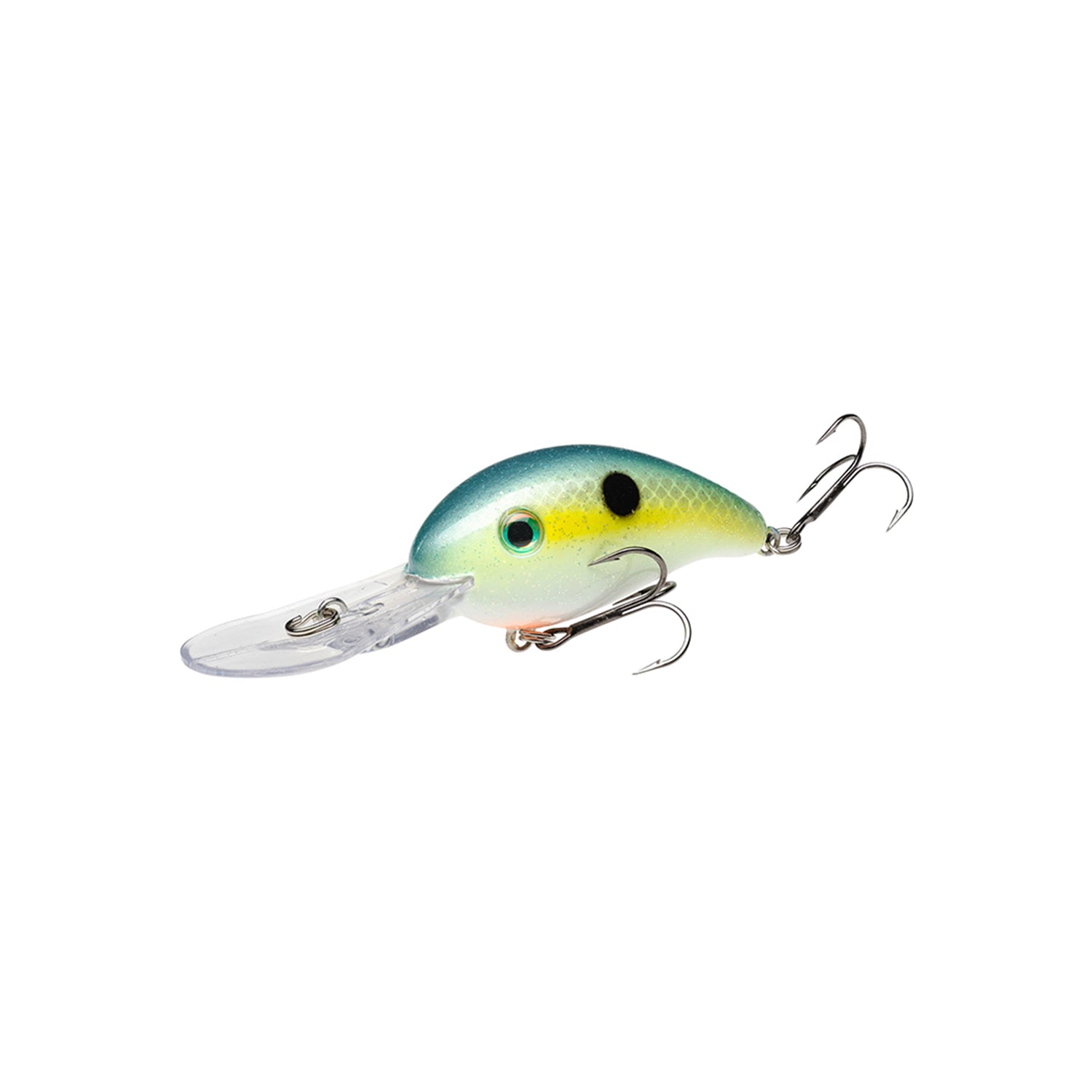 The Strike King 3XD Crankbait, by Strike King, features a blue-green top, yellow sides with black spots, a silver belly, two treble hooks, and a clear diving lip. This bass lure is shown isolated on a white background.