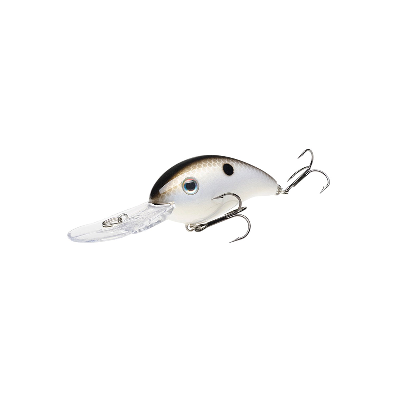 The Strike King 3XD Crankbait is a white and black bass lure with a silver eye, two treble hooks, and a clear plastic diving lip, designed by Strike King to mimic a small fish.